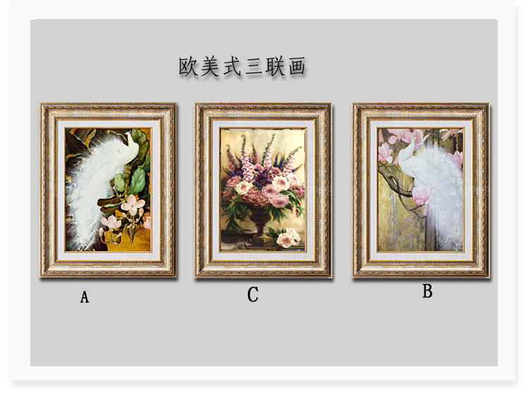 
                                        客厅装饰画现代欧式挂画壁画玄关画三联画有框画 孔雀赞 孔雀AB俩幅价格 55*70                