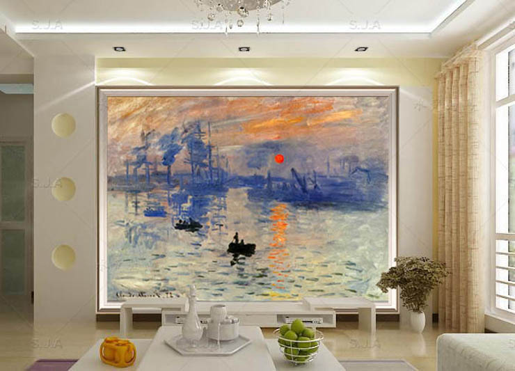 
                                        水竞油画临摹莫奈monet日出印象客厅风景装饰画简欧式卧室床头画餐厅挂画 白色实木画框 90*70                