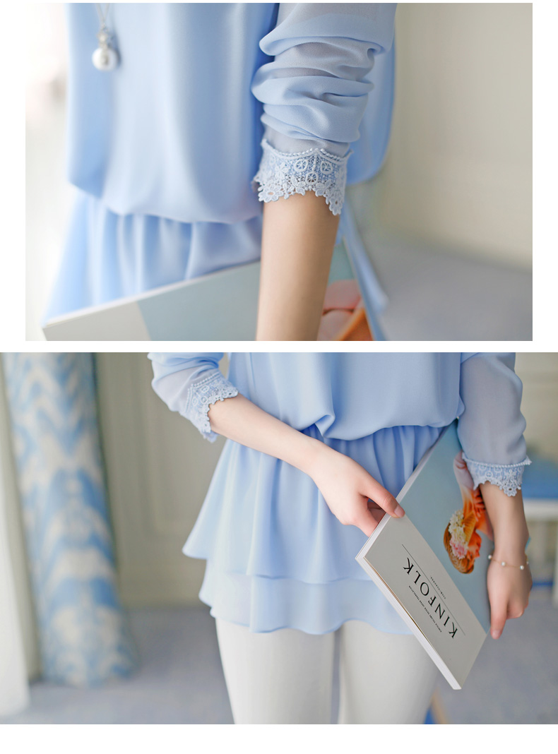惜筠 2015夏季新款女装小衫 韩版长袖蕾丝雪纺衫X0376 蓝色 XL