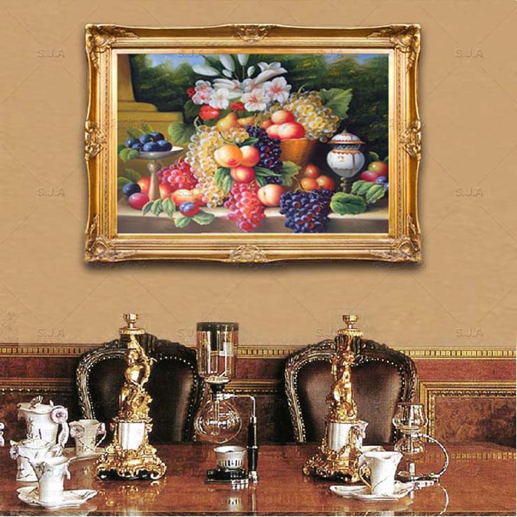 
                                        水竞欧式油画餐厅装饰画饭厅静物水果画古典挂画横幅壁炉壁画 W2古韵金实木画框 100*80                