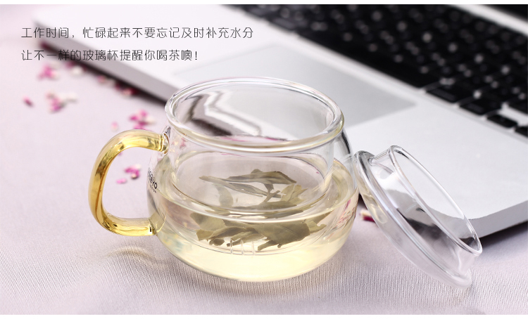 品茶忆友 二代圆趣杯 耐热玻璃杯花茶杯p-03保温办公杯过滤泡茶杯 三件杯玻璃茶杯 平盖黄把圆趣
