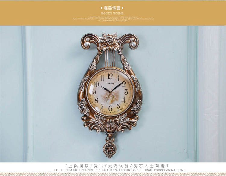 古里拉琴挂钟 欧式复古创意时尚钟表装饰客厅静音石英钟大号摆钟 B8074KY 20英寸