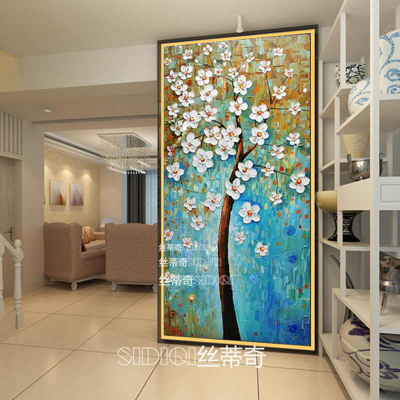 
                                        丝蒂奇SIDIQI手绘欧式玄关油画现代家居挂画走廊时尚有框装饰画 抽象竖版壁画发财树 欧式雕花金外框 宽80*高150                