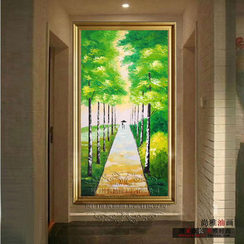 100%纯手绘油画 现代玄关装饰画单幅竖画走廊壁画无框画竖版画绿色风景画手工画 幸福之路 金色边框A款 80*160厘米