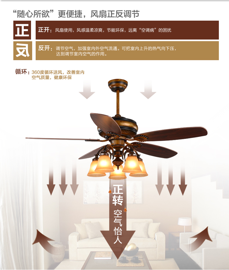 【元钰】 欧式复古吊扇灯 卧室客厅书房餐厅风扇灯 灯具照明 富丽金黄5头 不带光源 52寸线控E27光源