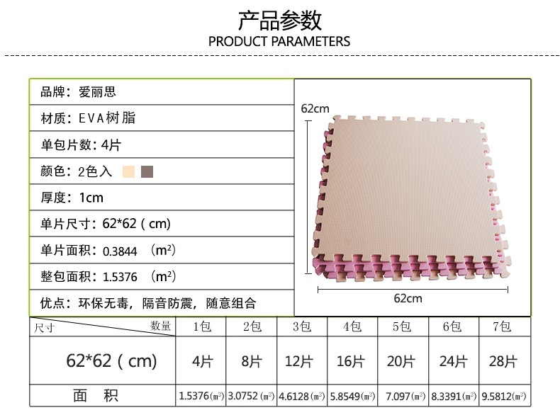 爱丽思IRIS拼接地板垫防滑垫早教爬行垫地垫 桃/米 JTM-62 620x620x12(MM)