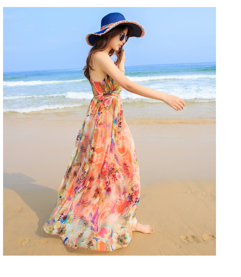 夏提纳 2015夏V领性感钉珠波西米亚雪纺度假显瘦沙滩长裙吊带连衣裙女DS8619 花色 S