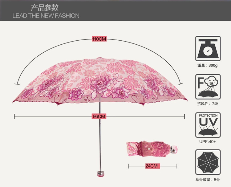 天堂伞 新品樱花若素丝印绣花三折叠女防风防晒绣花太阳伞淑女晴雨伞贴纱绣花遮阳伞df 冰心蓝