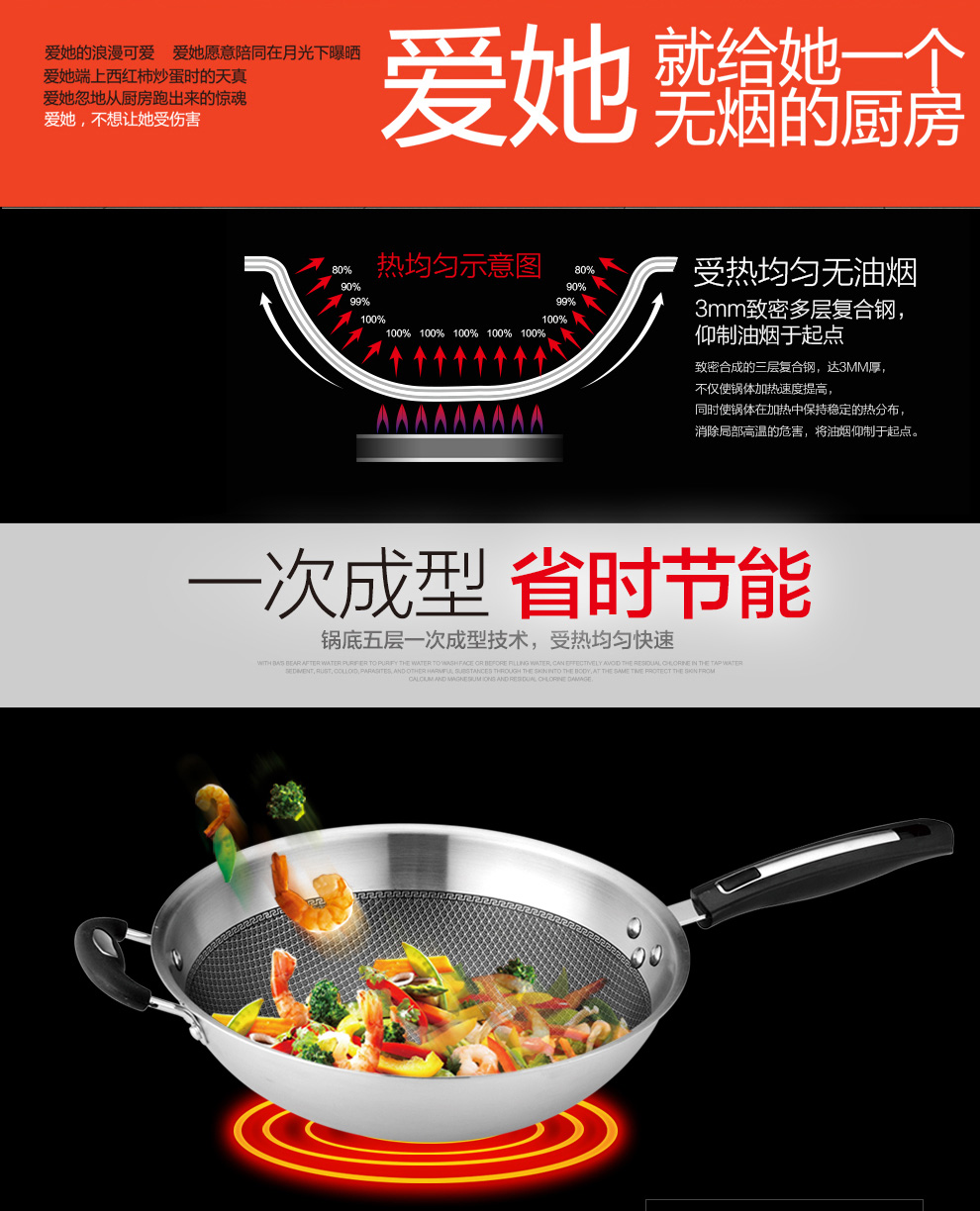 泰朗仕德国不锈钢炒锅无油烟炒菜锅无涂层锅电磁炉通用不粘平底锅 不锈钢本色