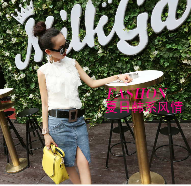 汇诗妮2015夏装潮人时尚修身分叉牛仔包臀半身裙女 牛蓝色 S