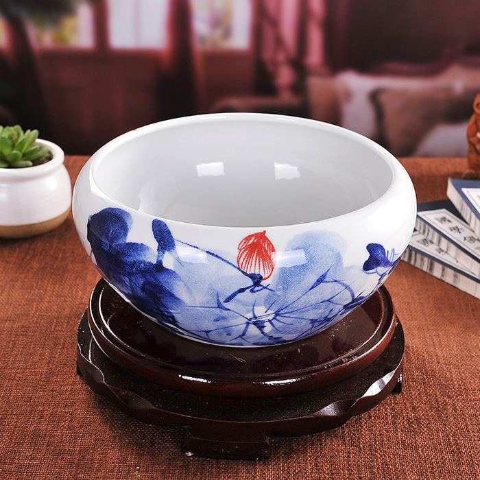 
                                                            景烨景德镇工艺品陶瓷器鱼缸水仙花盆家居饰品客厅艺术品摆件 墨绿睡莲 大号肚径42高18                