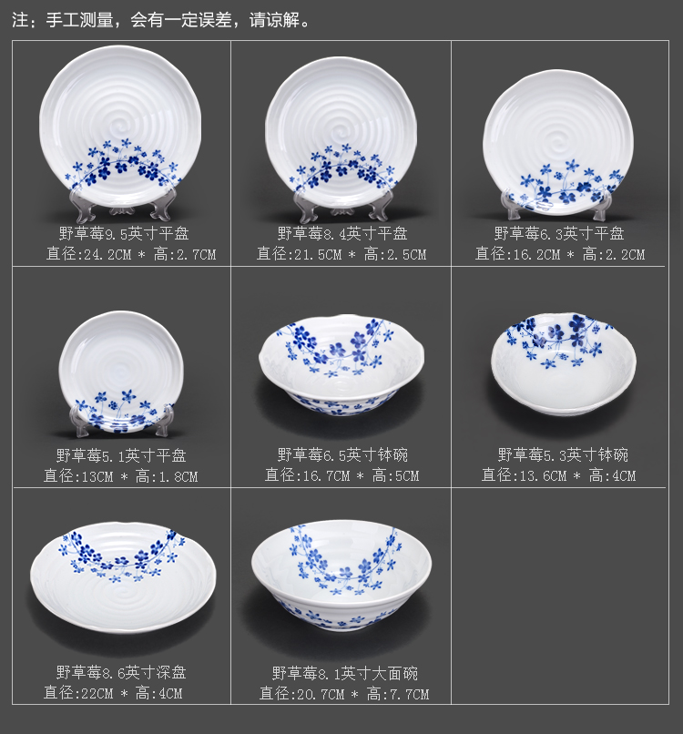 爱悦居 进口盘子饭碗日式餐具套装 日本美浓烧米饭汤碗 酒店家用高档釉下彩和风陶瓷碗盘套装 野草莓16.7cm面钵1只