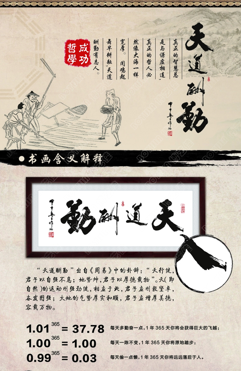
                                        博艺佳 客厅中式书法壁画企业挂牌匾办公室装饰画天道酬勤字画挂画 天道酬勤 50*130CM                