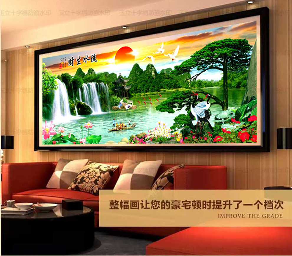 迎客松钻石画十字绣 新款大幅流水生财旭日东升 客厅山水风景图  DIY圆钻家居满钻装饰套件 5D高端(水晶圆钻)+高清油画布200X76cm