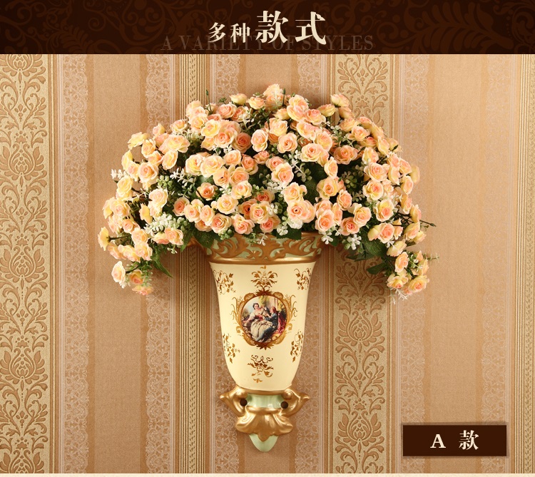 
                                        欧式陶瓷壁挂花瓶花插壁饰墙饰田园家居墙壁装饰品客厅背景墙挂饰ZYY H款花瓶带花                