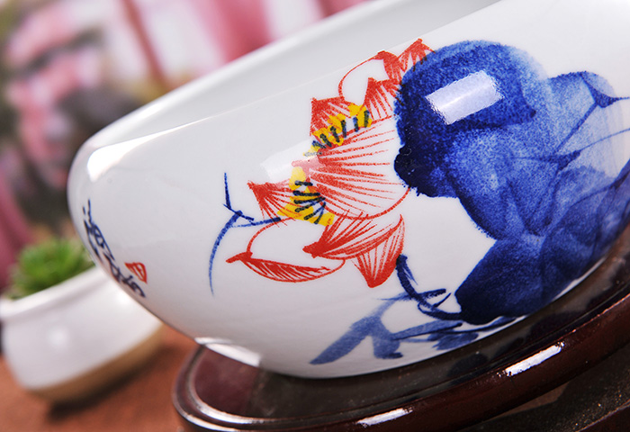 
                                                            景烨景德镇工艺品陶瓷器鱼缸水仙花盆家居饰品客厅艺术品摆件 墨绿睡莲 大号肚径42高18                