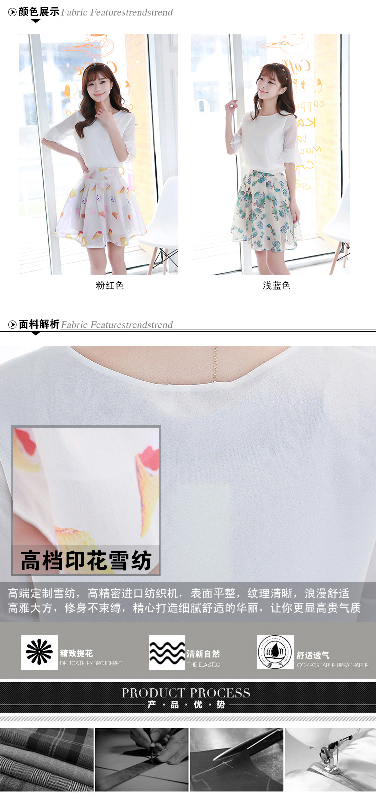 花孜语2015夏装新款女装韩版大码修身雪纺衫圆领短袖蕾丝衫XFS51016 上衣+粉红半身裙 XL