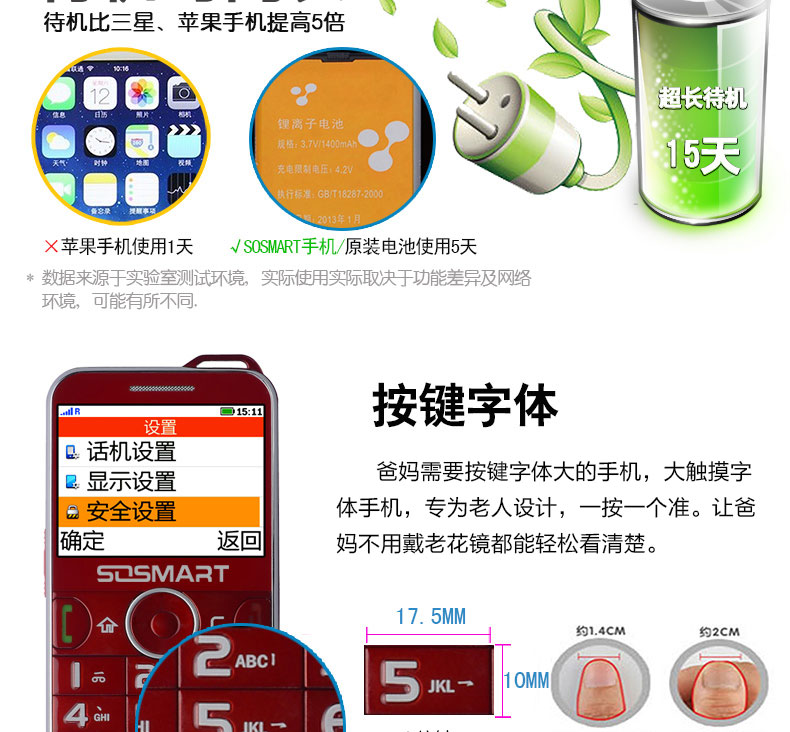 智吉（SOSMART） E609 移动/联通2G 老人手机 红色 官方标配