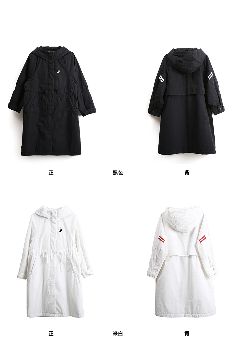 moveup幻走棉衣2017冬季新款连帽绣花加厚宽松中长款棉服外套 黑色