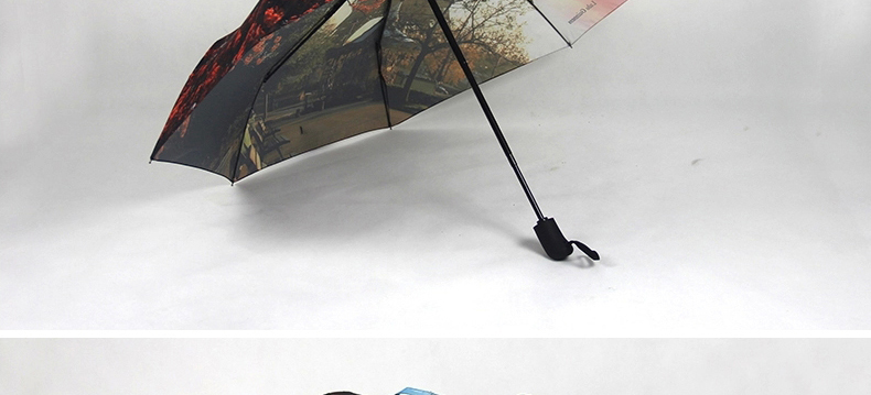 零时差创意全自动雨伞女士太阳伞防紫外线 精品油画伞 黑胶遮阳伞超强防晒自开自收折叠晴雨两用 外层铁塔图案_内层黑胶