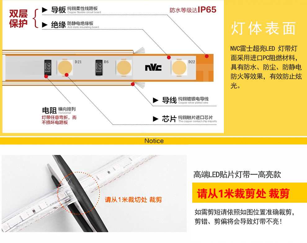 雷士照明NVC LED灯带 LED吊顶灯条贴片 超高亮 5050蓝色 按米销售 电源配件