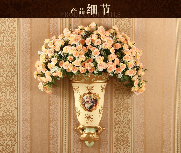 
                                        欧式陶瓷壁挂花瓶花插壁饰墙饰田园家居墙壁装饰品客厅背景墙挂饰ZYY H款花瓶带花                