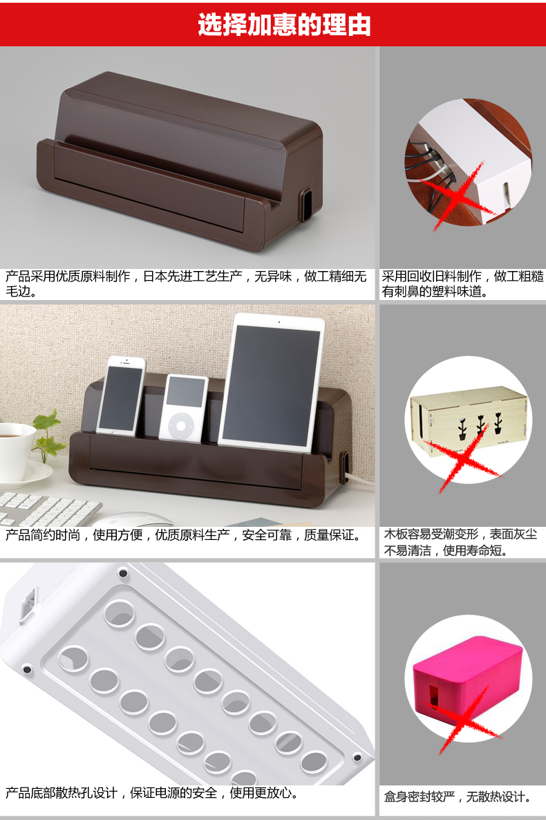 
                                        inomata插座集线盒 苹果6ipad集线器桌面插座收纳盒 手机座充电器理线盒 棕色                