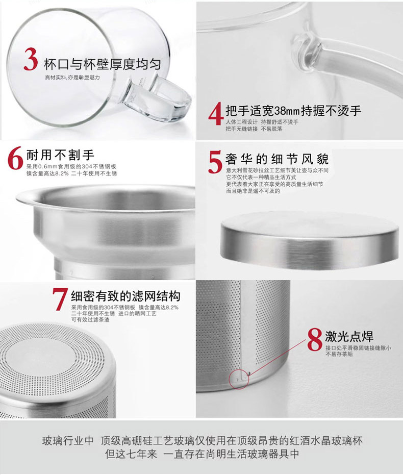【618同价】尚明耐热玻璃杯 不锈钢过滤带盖泡茶杯 隔热玻璃茶杯 带把办公水杯 透明把柄500毫升