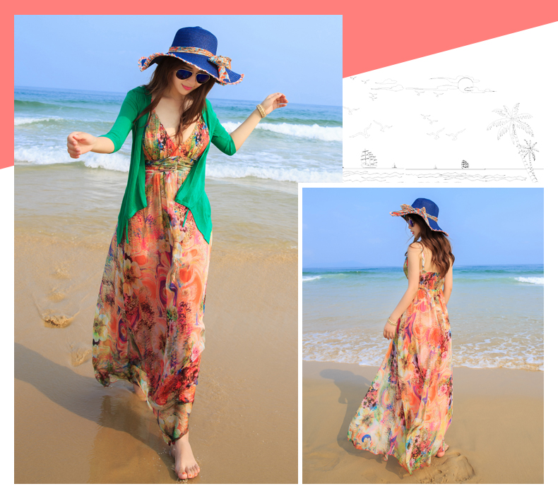 夏提纳 2015夏V领性感钉珠波西米亚雪纺度假显瘦沙滩长裙吊带连衣裙女DS8619 花色 S