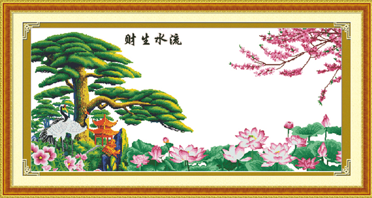 新款钻石画贴钻十字绣流水生财迎客松5D魔方钻圆钻客厅风景钻石绣 魔方圆钻167*83cm山水天空不贴