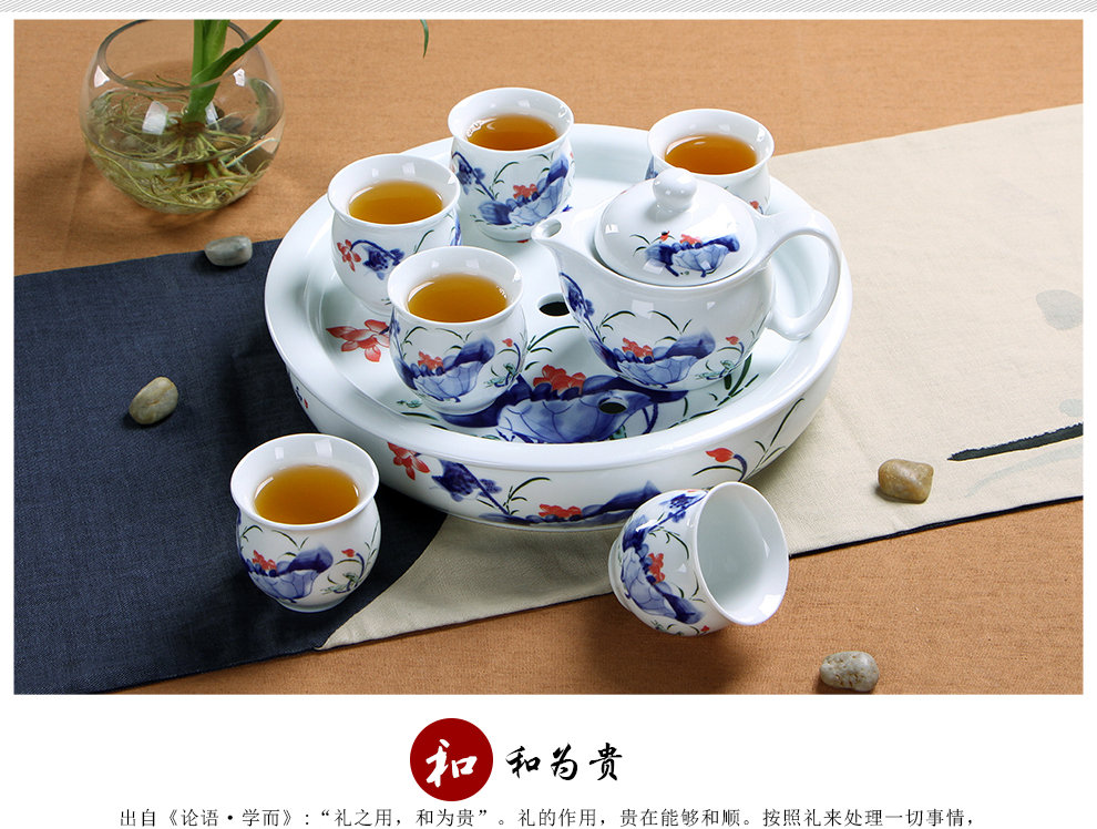 闽毓 茶具套装特价促销 双层陶瓷功夫茶具套装促销带茶盘隔热 水点桃花