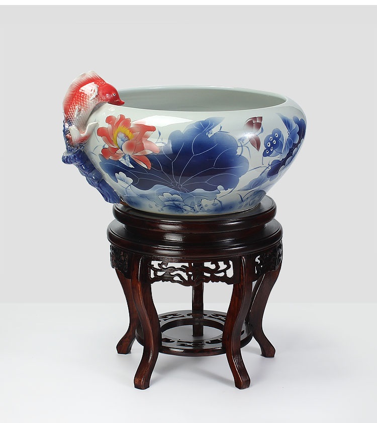 
                                        养荷花 水箱族包邮 景德镇陶瓷金鱼缸  手绘清荷过滤喷水风水乌龟缸 榆木底座风水摆件 D款                