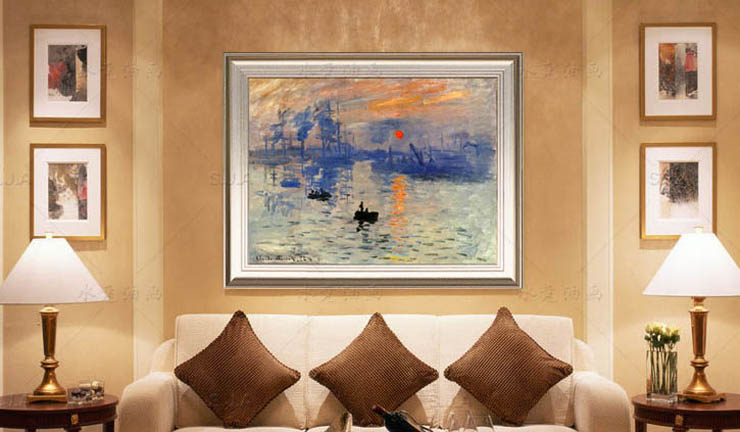 
                                        水竞油画临摹莫奈monet日出印象客厅风景装饰画简欧式卧室床头画餐厅挂画 白色实木画框 90*70                