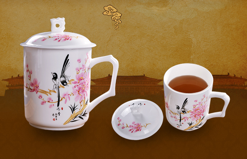 
                                        【敬瓷坊】景德镇骨瓷茶杯 手绘陶瓷杯子 带盖 泡茶杯绿茶杯 办公杯 会议杯 大容量水杯 竹报平安                