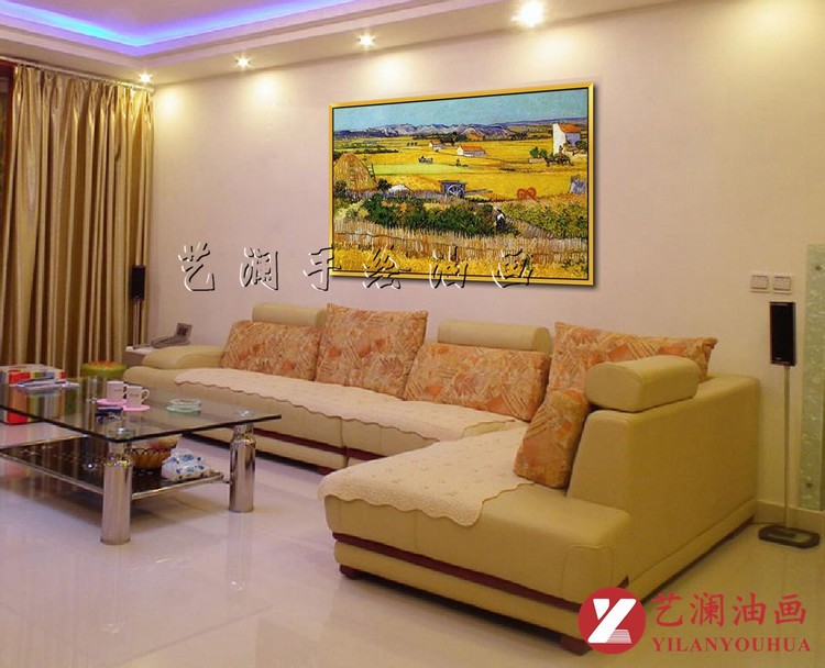 
                                                            艺澜新品世界名家凡高油画作品临摹定制 田园风景梯田丰收景色横幅构图客厅壁挂装饰画 收获景象FG20 纯手绘油画 60*90cm                