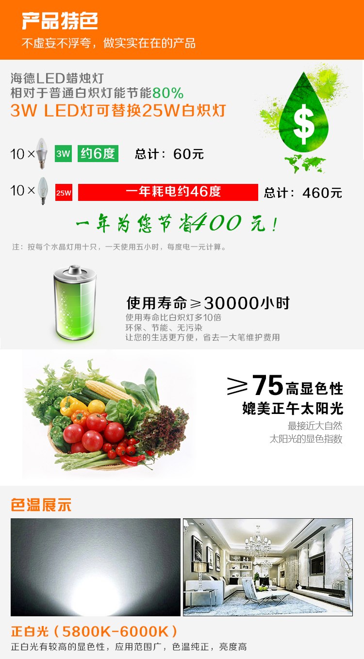 HD 3WLED尖泡 蜡烛泡  E14小螺口 水晶吊灯专用 银色尖泡 白光 单只装
