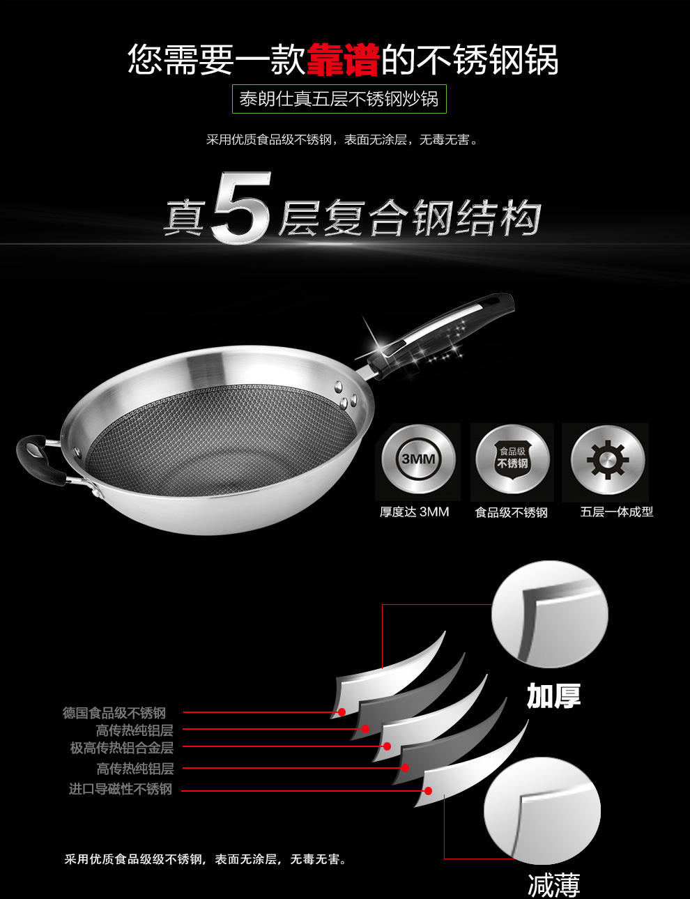 泰朗仕德国不锈钢炒锅无油烟炒菜锅无涂层锅电磁炉通用不粘平底锅 不锈钢本色