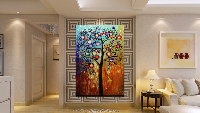 
                                        红艺 现代纯手绘玄关油画 卧室壁画 客厅餐厅过道 竖版装饰画 抽象画 挂画 发财树 01 70*140cm                