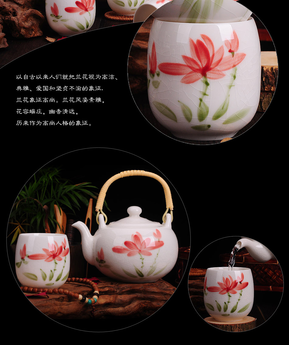 
                                                            清彩 景德镇陶瓷7头提梁壶茶具套装手绘荷花整套功夫陶瓷茶具礼盒装 喜上眉梢                