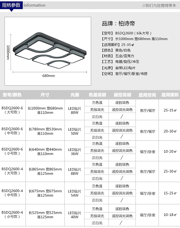柏诗帝现代简约吸顶灯客厅灯卧室灯餐厅灯卧室灯书房灯饰LED吸顶灯具Q2700升级版 黑色 正方形53*53LED正白光
