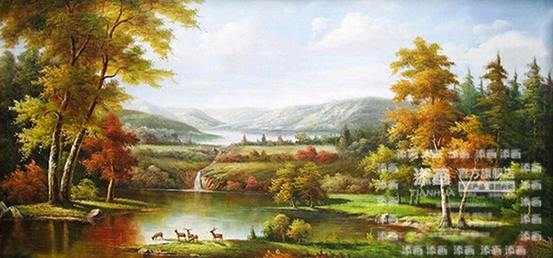 
                                        添画（TIANHUA） 添画 客厅风景山水手绘油画欧式风格沙发顶挂画装饰画 暗金画框 70*140CM                