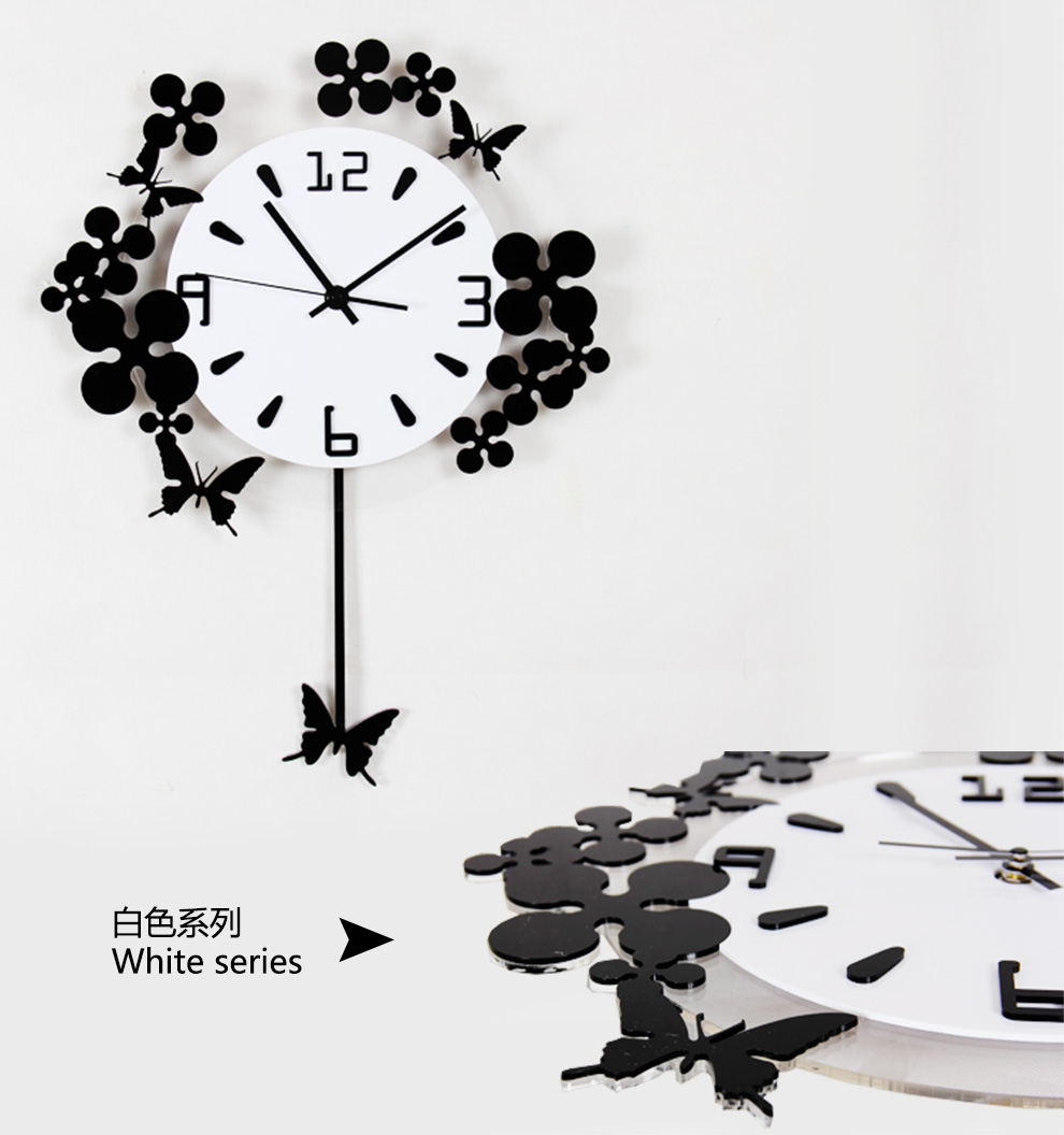 美世达 时尚挂钟客厅静音石英钟简约时钟现代欧式个性创意壁钟 摇摆蝴蝶钟表 大号白色45*60CM