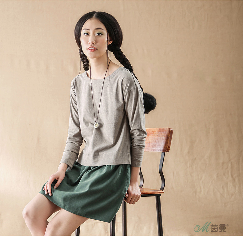 茵曼装新款简约纯色撞色拼接圆领长袖连衣裙女【8511010612】 灰绿色 M