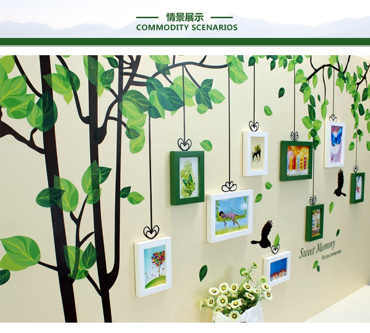 子轩TF630T绿林飞鸟墙贴配简约实木照片墙 厂家直销 绿白两色灵动画心
