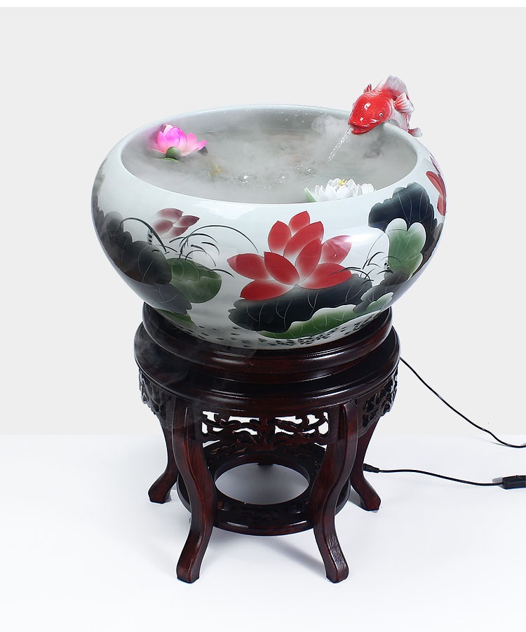 
                                        养荷花 水箱族包邮 景德镇陶瓷金鱼缸  手绘清荷过滤喷水风水乌龟缸 榆木底座风水摆件 D款                