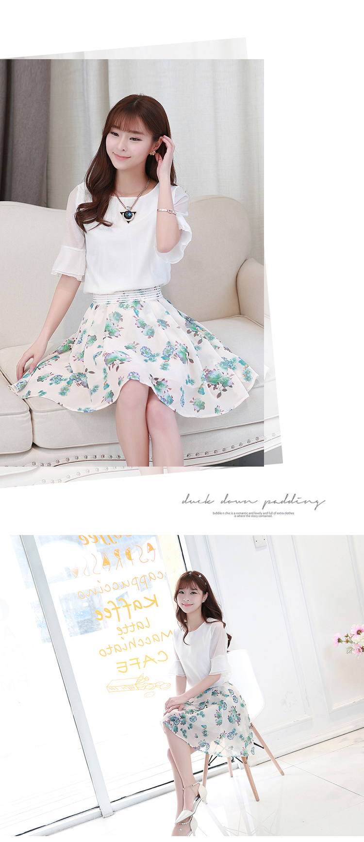 花孜语2015夏装新款女装韩版大码修身雪纺衫圆领短袖蕾丝衫XFS51016 上衣+粉红半身裙 XL