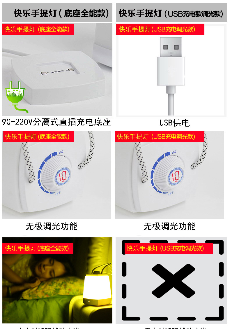 银之优品 LED手提台灯 创意插充电小夜灯 节能装饰墙挂式调开关定时卧室床头灯 H238 底座充电+定时调光款 黄光