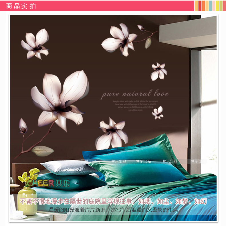 
                                        其乐  时尚客厅电视背景墙可移除墙贴纸 浪漫卧室温馨花卉贴画 玉兰花                