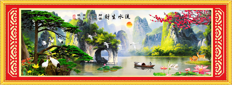 
                                        悟客WUKE 印花十字绣迎客松流水生财2米 新款客厅山水画风景系列2.5米套件旭日东升 2米盒装 高清印花 丝线                