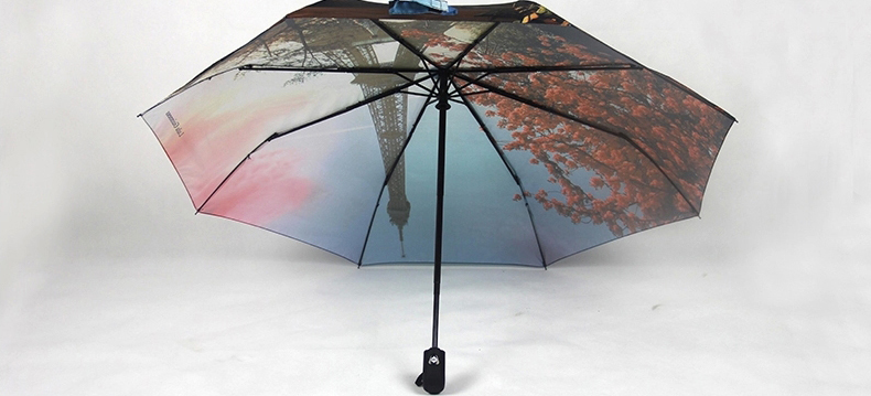 零时差创意全自动雨伞女士太阳伞防紫外线 精品油画伞 黑胶遮阳伞超强防晒自开自收折叠晴雨两用 外层铁塔图案_内层黑胶